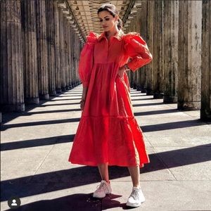 Zara Bright Orange Ruffled Eyelet Midi Dress